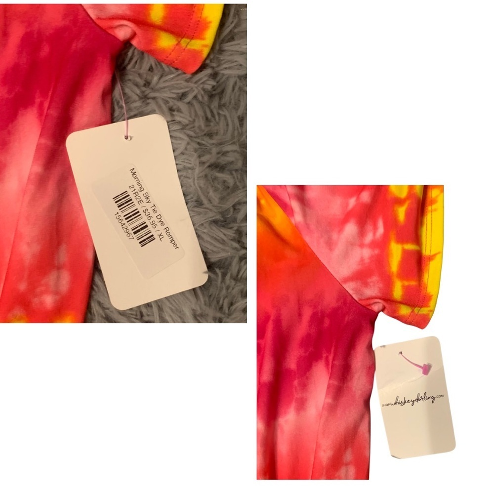 NWT-White Birch Sz Lg pink/orange/yellow tie die short sleeve romper w/pockets. - Picture 11 of 11